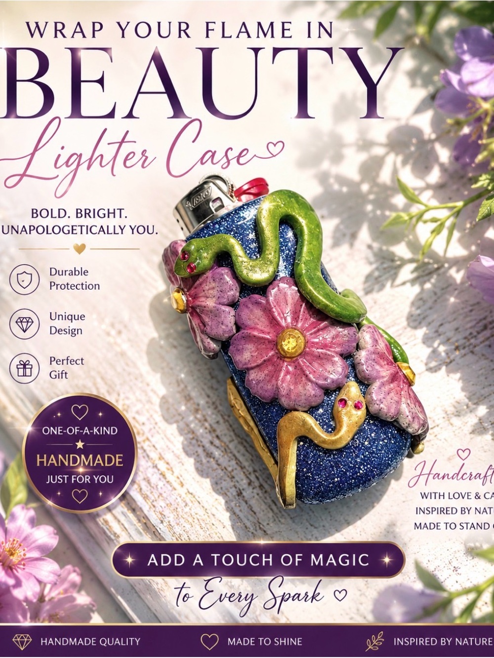 Handmade Blue Glitter Lighter Case ONLY with Pink Floral & Green Snake Accents